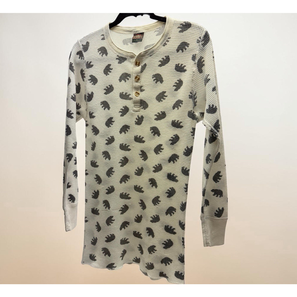 Greatland Thermal Shirt Waffle Knit Bear Print Henley Long Sleeve Women's Large
